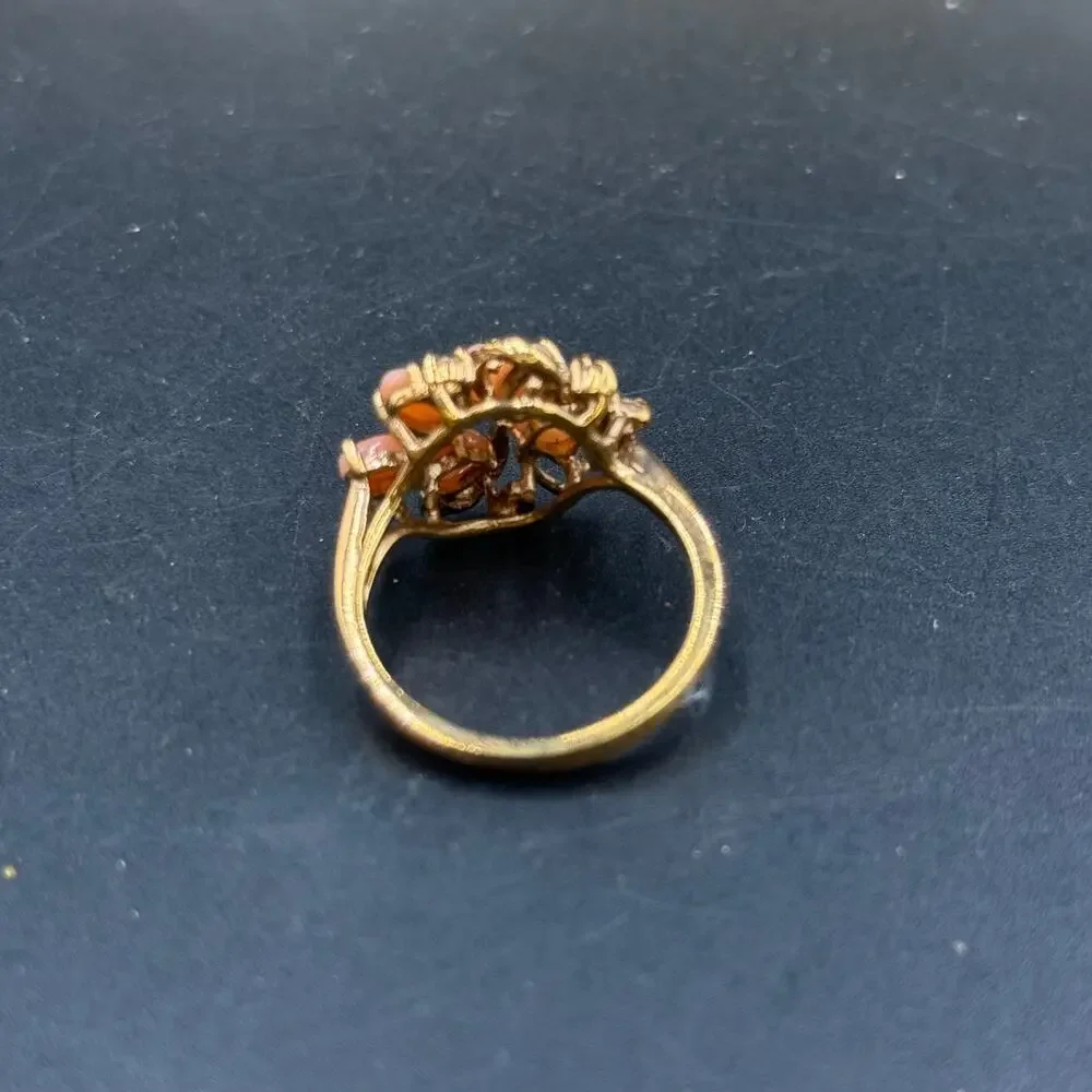 Vintage Cocktail Floral Cluster Ring Coral Cabochon Gold Tone